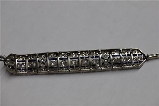 A 1930s/1940s pierced platinum?, synthetic sapphire and diamond set bracelet (a.f.),